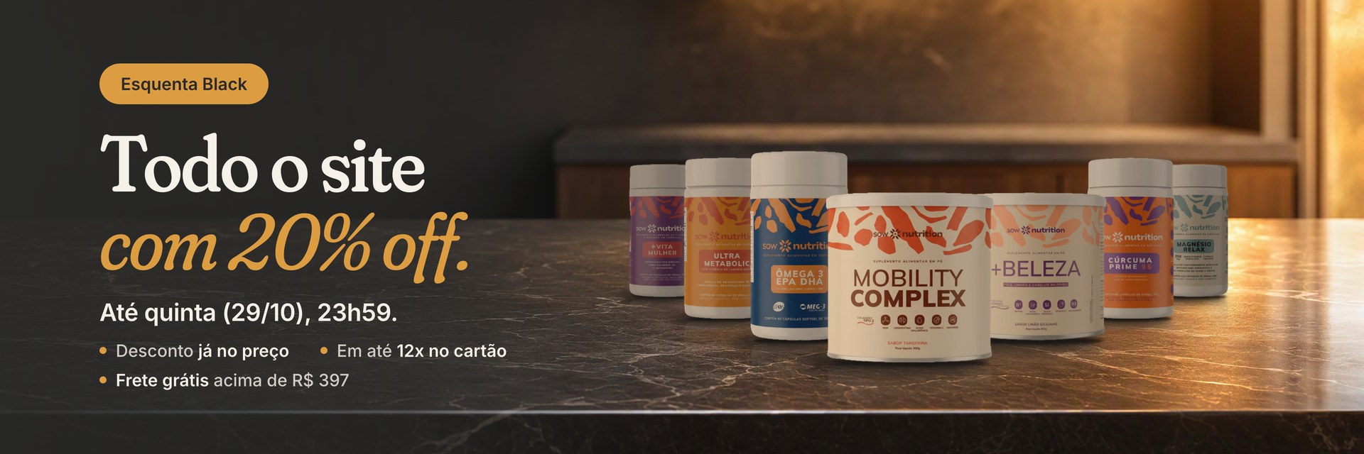 Esquenta Black: todo o site com 20% off, até quinta (29/10), às 23h59. Desconto já aplicado, em até 12x no cartão e frete grátis acima de R$ 397.