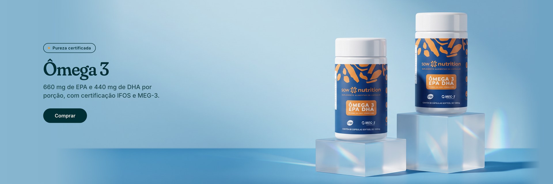 Ômega 3: 660 mg de EPA e 440 mg de DHA por porção, com certificação IFOS e MEG-3.