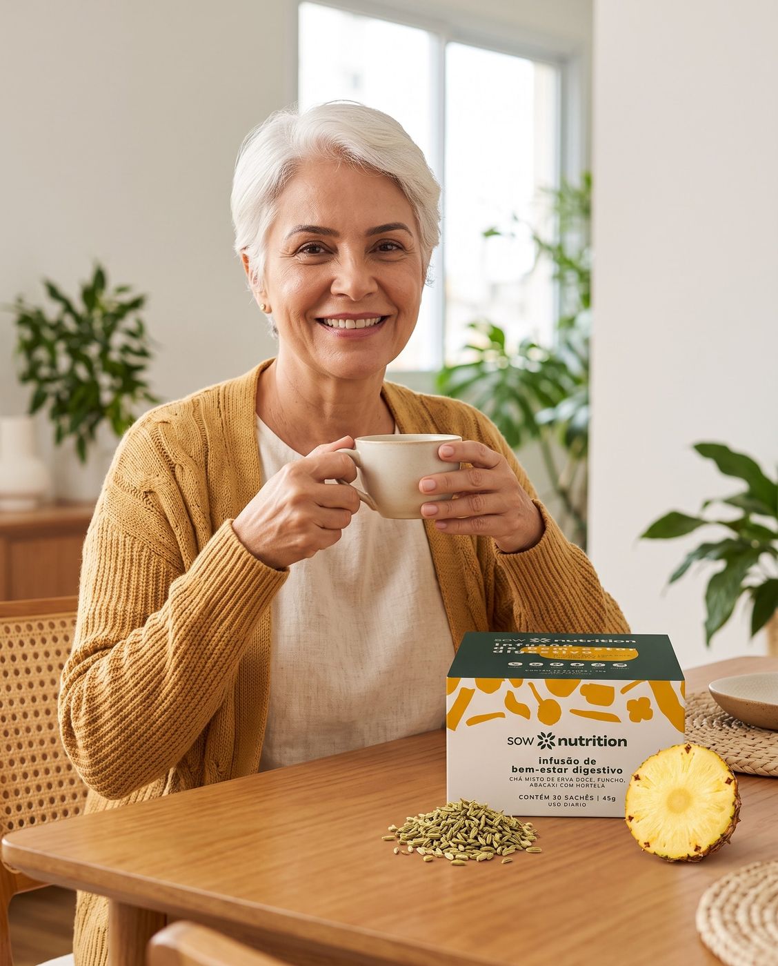 Mulher usando Infusão de Bem-estar digestivo